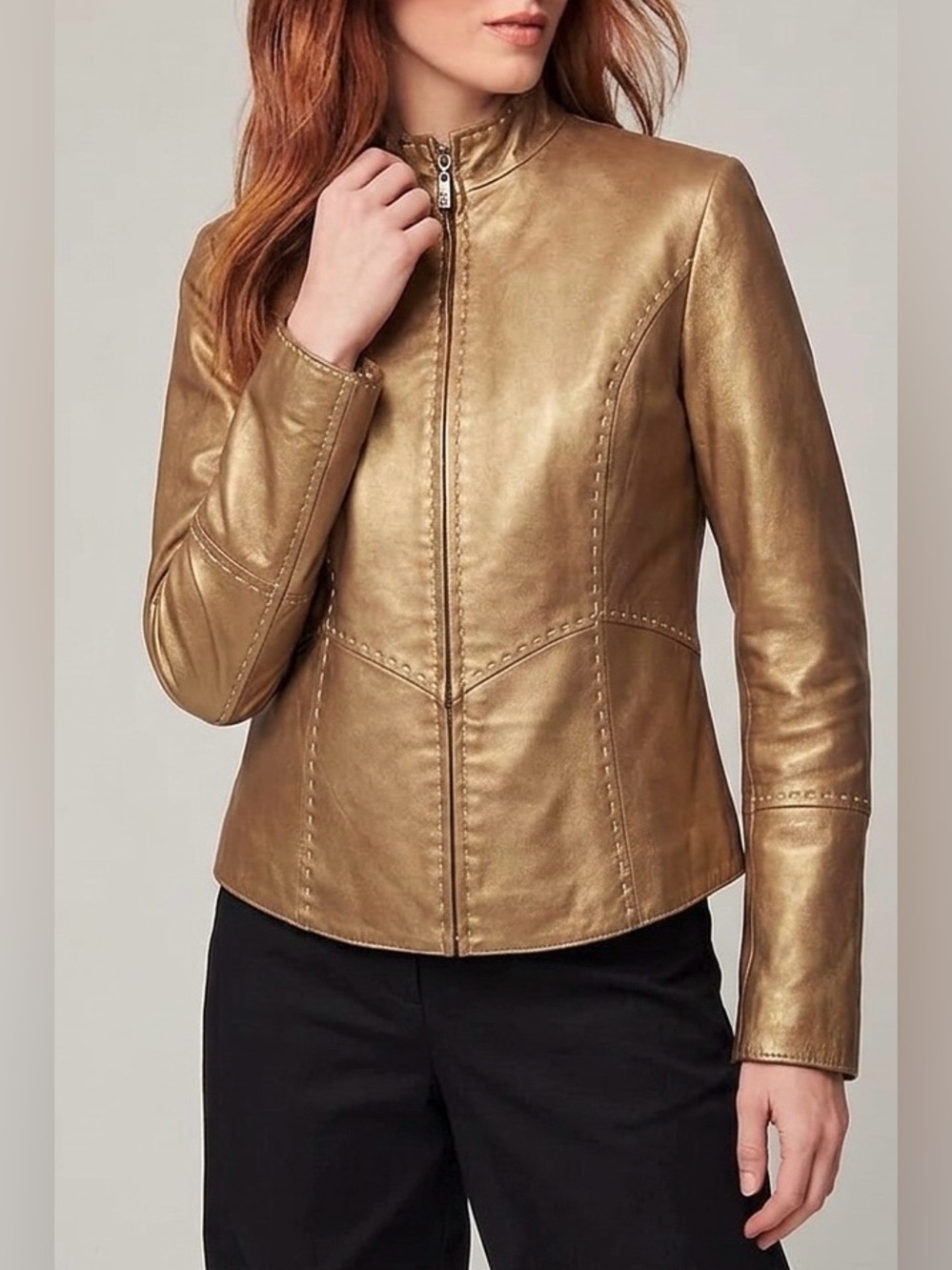 Georgiou Studio Vintage Metallic Bronze 100% Leather Full Zip Jacket - Size 4